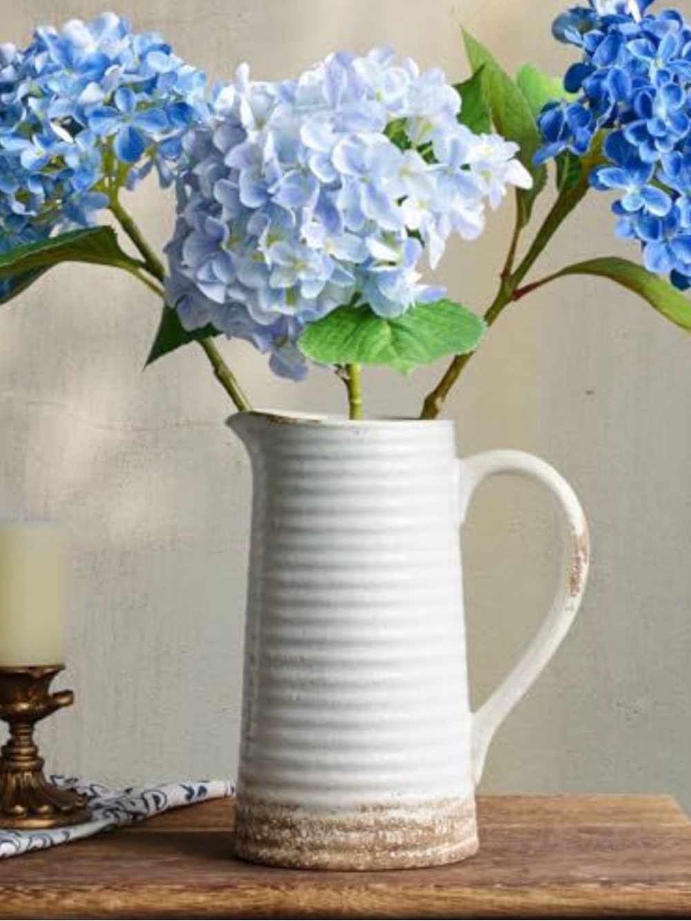 White Ceramic Ribbed Pitcher Vase with Distressed Base